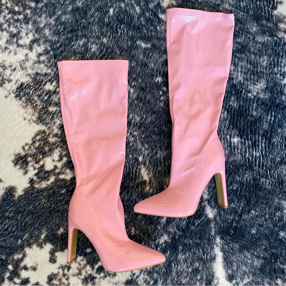 Pink Knee-High Faux Leather Boots